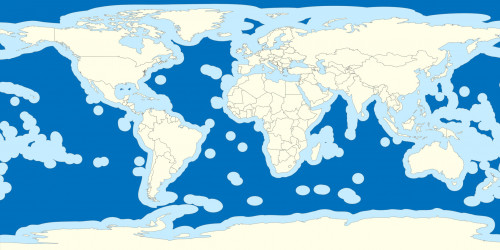 全球國際性海域分布圖，淺藍色為專屬經濟海域，深藍色為公海