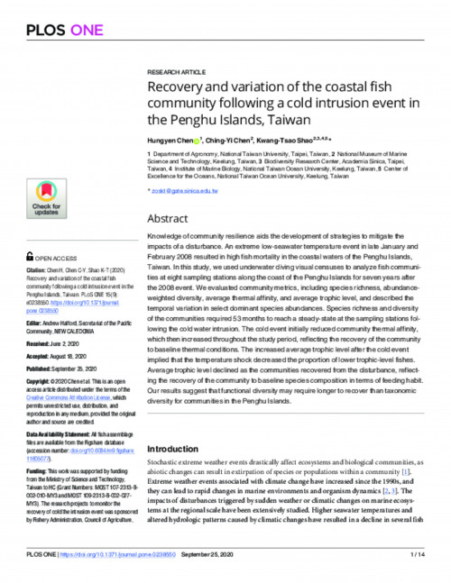 Recovery and variation of the coastal fish community following a cold intrusion event in the Penghu Islands, Taiwan