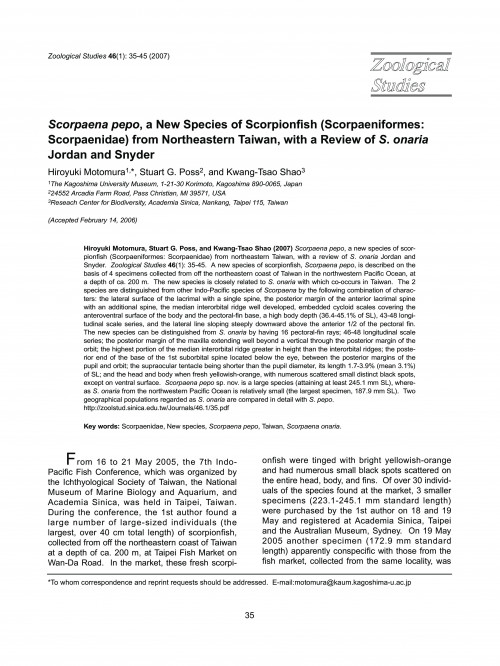 Scorpaena pepo, new species of scorpionfish (Scorpaeniformes: Scorpaenidae) from northeastern Taiwan, with review of S. onaria Jordan and Snyder