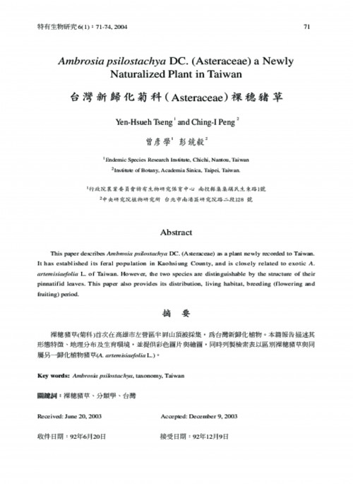 台灣新歸化菊科( Asteraceae)裸穗豬草