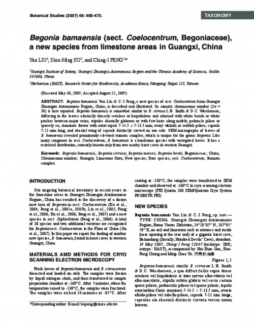 Begonia bamaensis (sect. Coelocentrum, Begoniaceae), a new species from limestone areas in Guangxi, China.