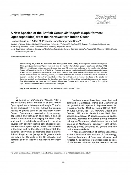 A New Species of the Batfish Genus Malthopsis (Lophiiformes: Ogcocephalidae) from the Northwestern Indian Ocean