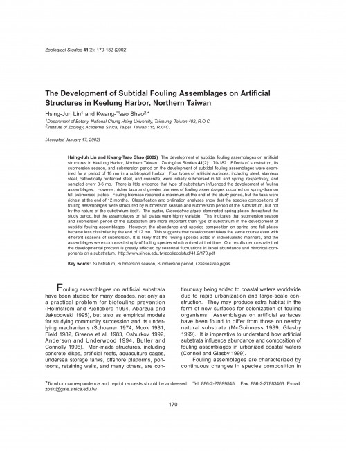 The development of subtidal fouling assemblages on arificial structures in Keelung harbor, northern Taiwan
