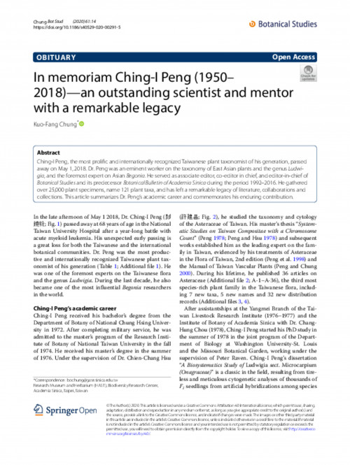 In memoriam Ching-I Peng (1950–2018)—an outstanding scientist and mentor with a remarkable legacy