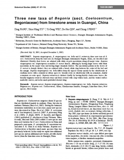 Three new taxa of Begonia (sect. Coelocentrum, Begoniaceae) from limestone areas in Guangxi, China.