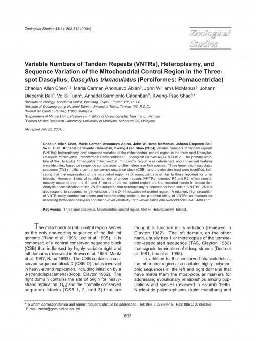 Variable numbers of tandem repeats（VNTRs）, heteroplasmy, and sequence variation of the mitochondrial control region in the three-spot Dascyllus, Dascyllus trimaculatus（Perciformes:Pomacentridae）