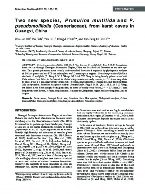 Two new species, Primulina multifida and P. pseudomollifolia (Gesneriaceae), from karst caves in Guangxi, China.